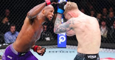 Michael ‘Venom’ Page reacts to Dana White walking out the arena during his UFC London win