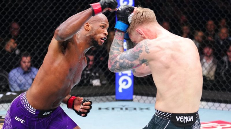 Michael ‘Venom’ Page reacts to Dana White walking out the arena during his UFC London win