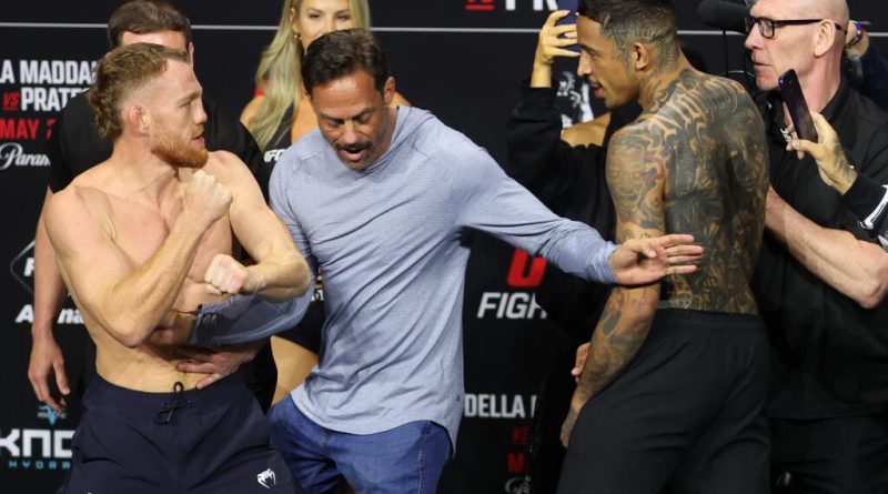 Carlos Prates held back as he tries to get at Jack Della Maddalena in heated face off: ‘Why you scared?’